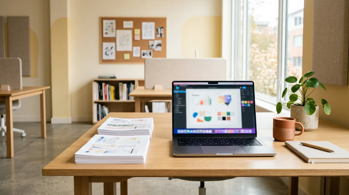 Arbeitsplatz mit Unterlagen und digitalem Entwurf, Redaktion subtledailystencil.info, 1200x900 Pixel