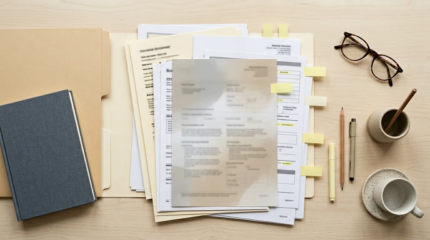 Überarbeitete Policenunterlagen und Marker auf Dokumenten, Illustration, 1200x800 Pixel